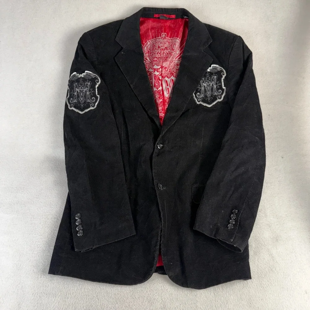 Franky Max Mens Medium Black Corduroy Blazer Red Paisley Lining Embroidered Coat